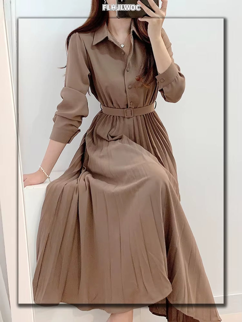 New Design Japan Style Women Chic Korea Basic Wear Casual Robe Solid Cotton Blend Vintage Long Maxi Shirt Dress Belt Vestidos