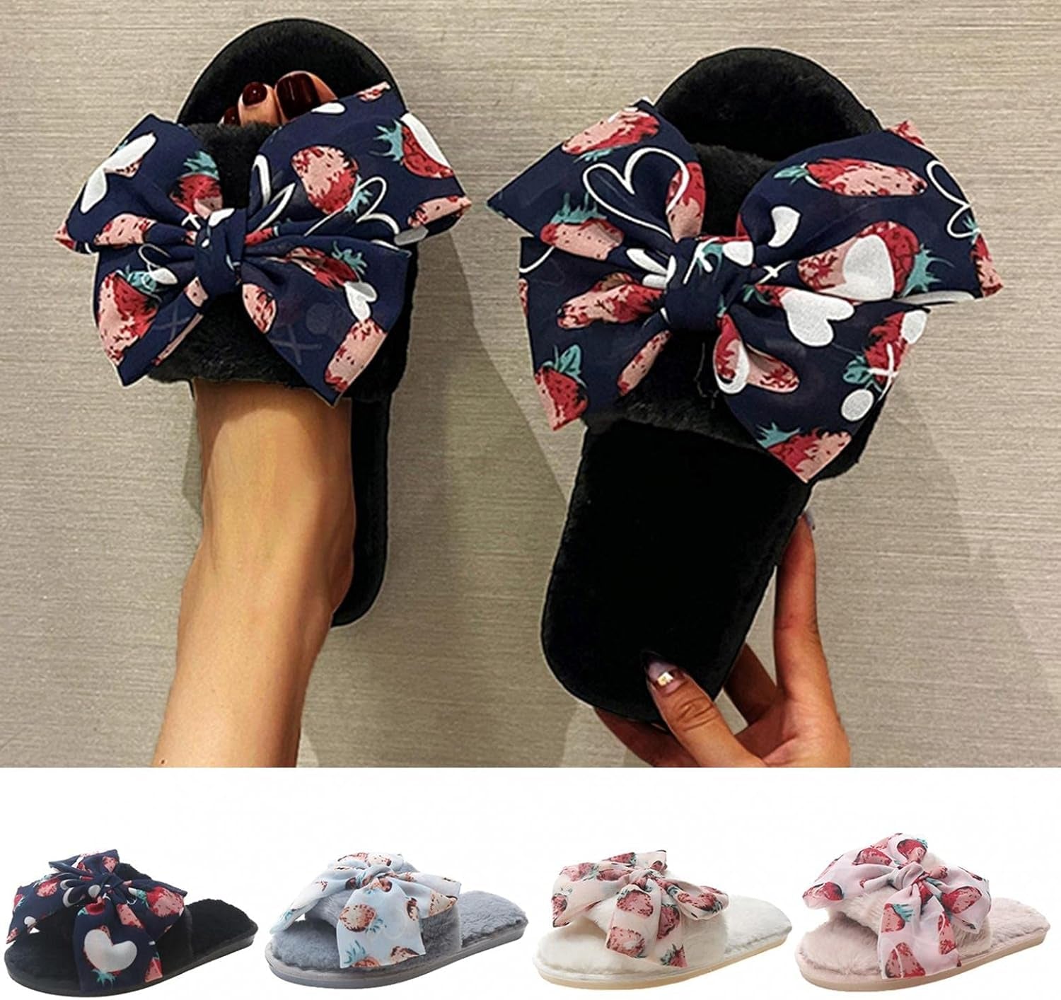 Slippers for Women,Women'S Soft Plush Lightweight Bowknot House Slippers Slip on Open Toe Cozy Indoor Outdoor Slippers