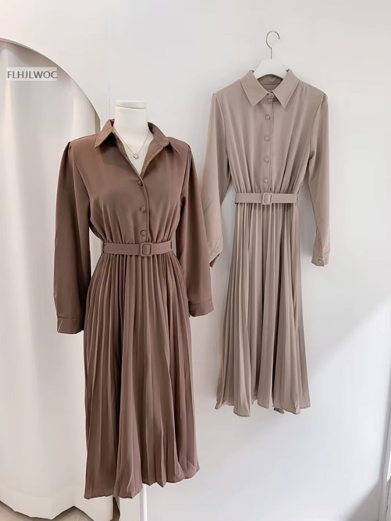 New Design Japan Style Women Chic Korea Basic Wear Casual Robe Solid Cotton Blend Vintage Long Maxi Shirt Dress Belt Vestidos