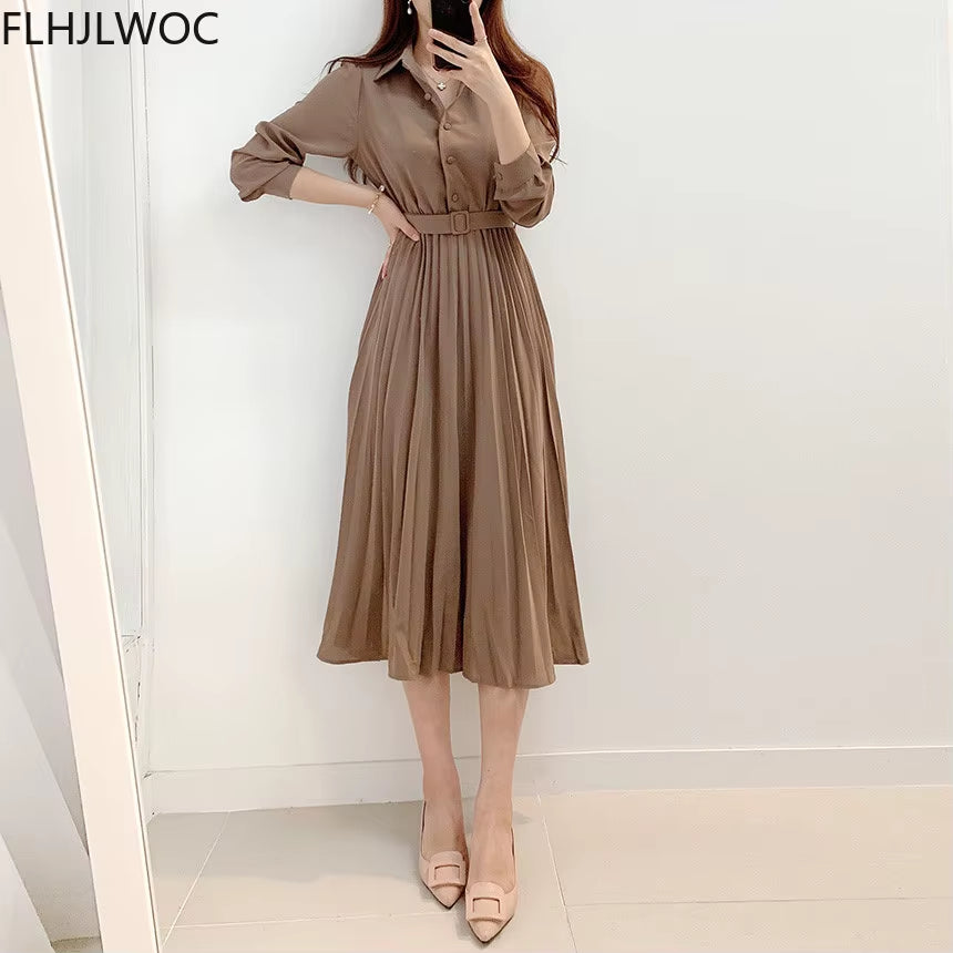 New Design Japan Style Women Chic Korea Basic Wear Casual Robe Solid Cotton Blend Vintage Long Maxi Shirt Dress Belt Vestidos