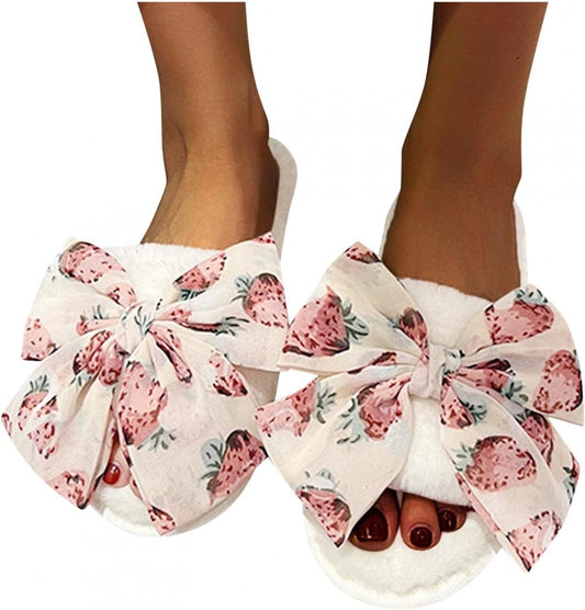 Slippers for Women,Women'S Soft Plush Lightweight Bowknot House Slippers Slip on Open Toe Cozy Indoor Outdoor Slippers